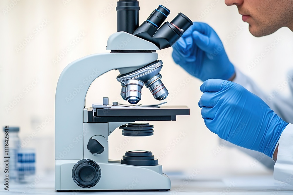 Poster scientist examining samples under microscope in lab