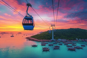 Experience an unforgettable sunset ride on a cable car over the ocean to phu quoc island, with vibrant colors and serene waters dotted with boats