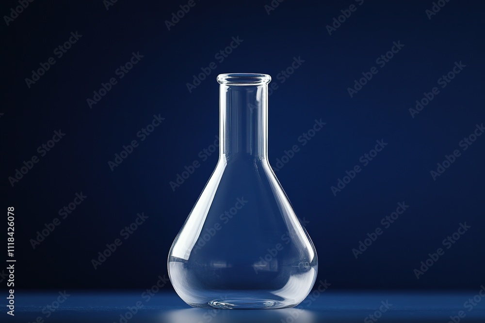 Poster empty glass flask on blue background with reflection