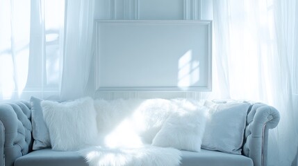 Luxurious Light Blue Sofa With Fluffy Pillows and Frame