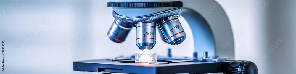 Poster microscope close-up in laboratory setting