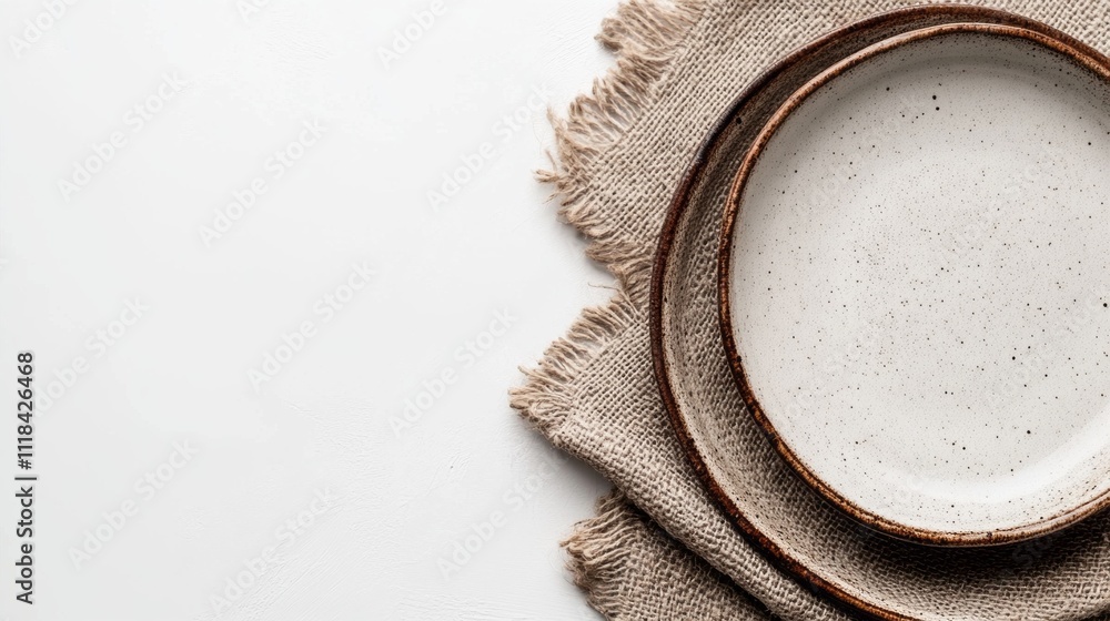 Poster rustic ceramic plates rest gracefully atop a soft linen runner, showcasing their unique speckled pat