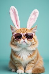 Ginger cat wearing bunny ears and sunglasses for easter celebration