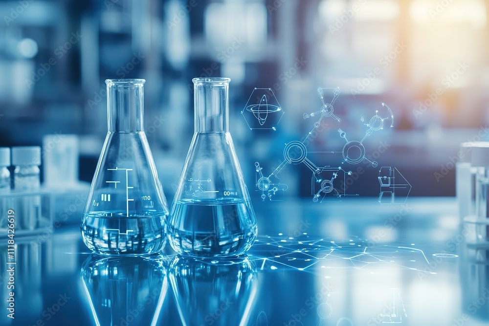 Poster modern laboratory with flasks and molecular structure holograms