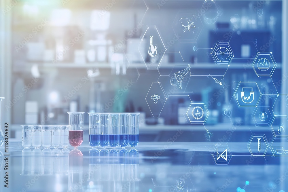 Poster modern laboratory with virtual interface and chemical experiment