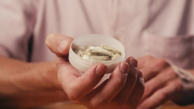 Snus nicotine tobacco close up, pack of tobacco for gum. unhealthy addiction. Man opening box with snus and taking one. 