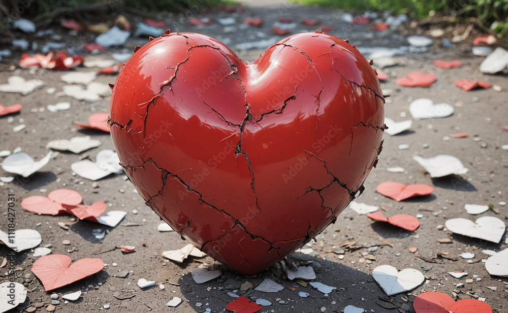 Poster a heart with a broken piece missing. the heart is surrounded by red and white paper hearts