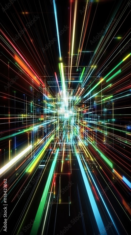 Poster abstract light trails vibrant colorful tunnel effect in digital landscape vertical format