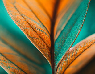 Flowing patterns of orange and teal in macro leaf photography. Generative AI
