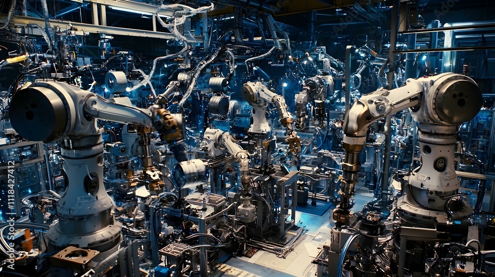 Poster automated robotic arms working in a modern factory. image shows complex machinery and futuristic tec