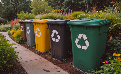 A row of trash cans with the word recycle on them. The trash cans are lined up on a sidewalk next to a garden
