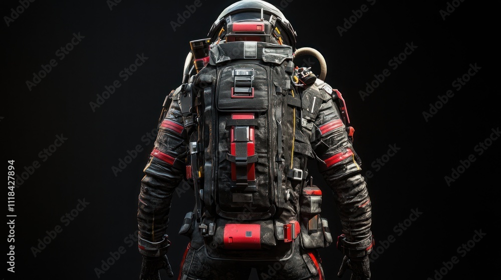 Poster rear view of a futuristic astronaut in a black and red spacesuit with a large backpack, standing aga