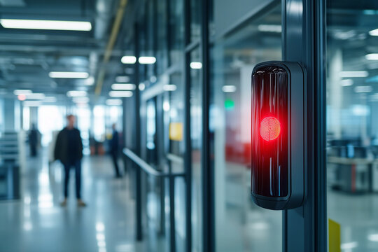 close up of biometric fingerprint scanner glowing red, installed on glass door in modern office environment, with blurred figures in background