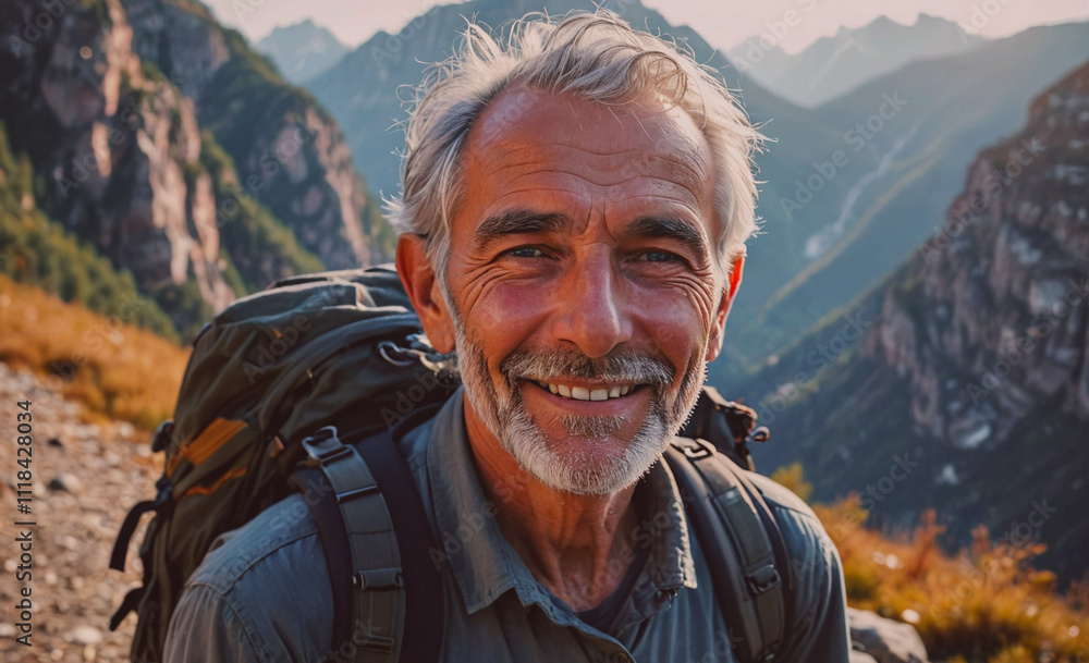 Poster a man with a backpack is smiling and looking at the camera. he is wearing a green shirt and a gray j
