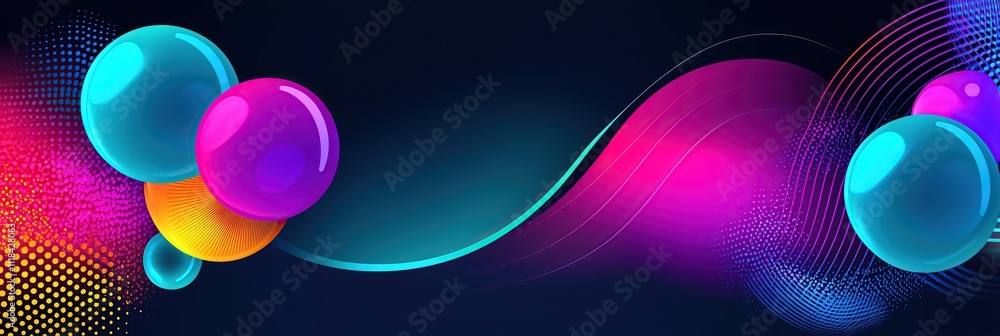 Poster colorful abstract design with spheres and vibrant gradients in dark background