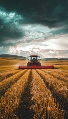 Fototapeta premium Forage Harvester in Field of Tall Grass with Rolling Green Hills Under Cloudy Sky