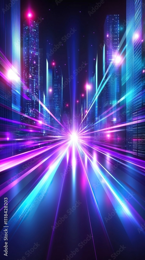 Poster vibrant futuristic cityscape with neon lights and dynamic light beams vertical format