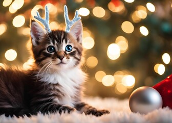 kitten wearing antler headbands sits in front of a glowing Christmas tree