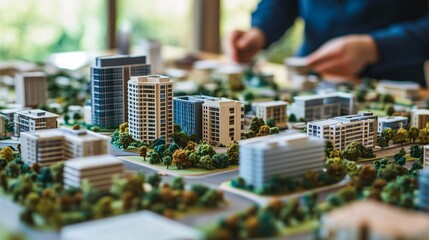 Architect designing buildings and roads in a miniature model city