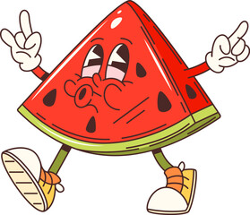 Cartoon groovy watermelon piece character happy whistling, vector emoji. Groovy watermelon piece with funny face and hippie peace sign gesture for summer fruit, travel or leisure cartoon character
