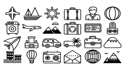 Travel & Adventure related icon editable stroke outline  set of different types small icons isolated on white background flat vector illustration