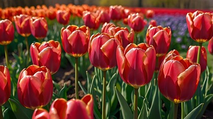 Fototapeta premium background, flower, summer, nature, spring, garden, Red Tulip flower in tulip field at spring day. Colorful vivid pink tulips in the park. Spring landscape. Red tulip garden in spring. The Tulip. Beau