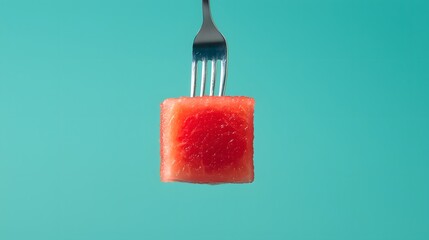 Juicy hydration with watermelon. A vibrant, suspended cube of watermelon is held by a fork against a teal background, showcasing a playful blend of food and art.