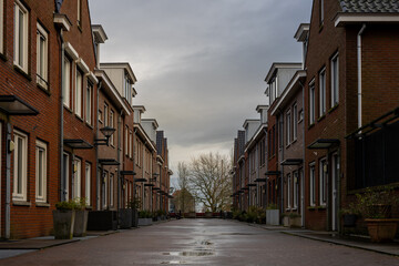 A quiet residential street lined with modern brick houses under a cloudy sky. The clean pavement...