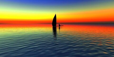 A serene sunset over calm waters with a silhouetted sailboat.