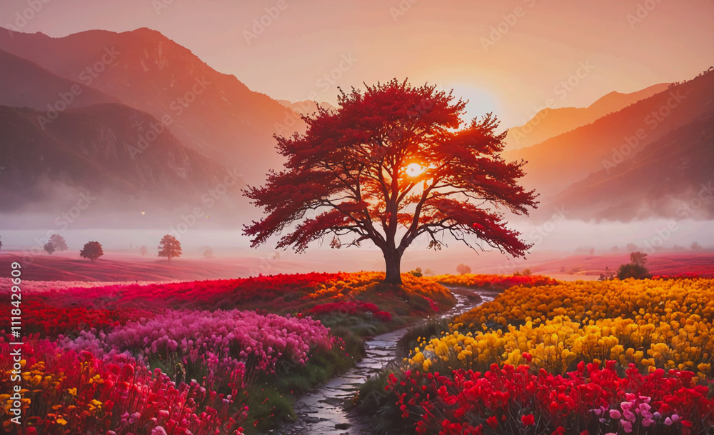Aufkleber a tree is in the middle of a field of flowers. the sky is orange and the sun is setting