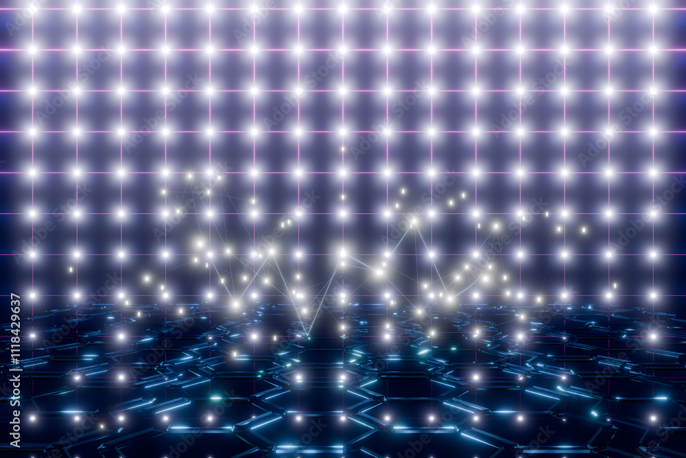 Poster abstract digital background with glowing lights, net and hexagonal patterns.3d rendering