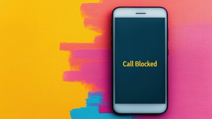 spam call phone prevention concept. Phone displaying "Call Blocked" on a colorful background.