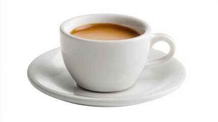 Obraz premium A delicate white cup filled with rich, aromatic coffee rests on a matching white plate. The inviting brew captures the essence of comfort, perfect for any time of day
