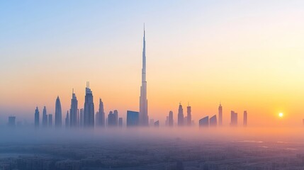 Obraz premium Dubai Skyline Sunrise Foggy Cityscape