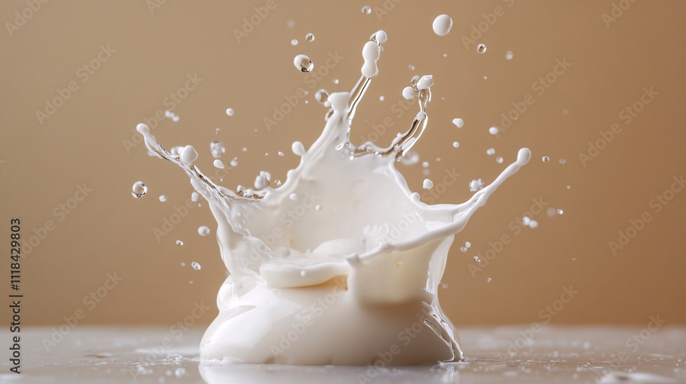 Poster Milk splashing and creating a crown shape on beige background