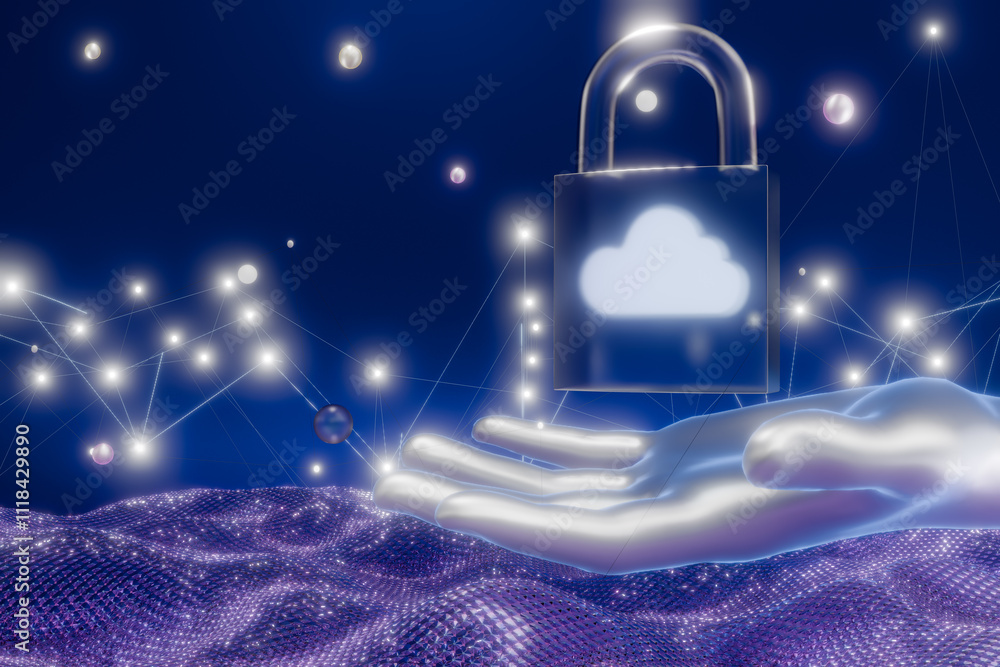 Poster a digital representation of cloud security with a glowing padlock held above shimmering data waves. 