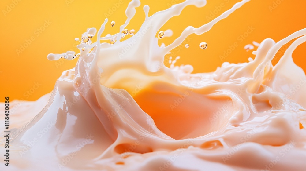 Poster milk splashing and making a crown shape on orange background