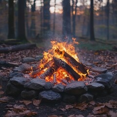 Naklejka premium A warm campfire surrounded by stones in a tranquil forest setting during twilight.