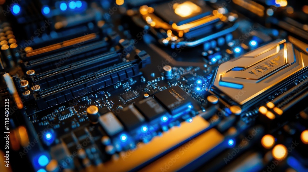 Poster detailed close-up reveals a glowing motherboard with illuminated circuitry and components. the vibra