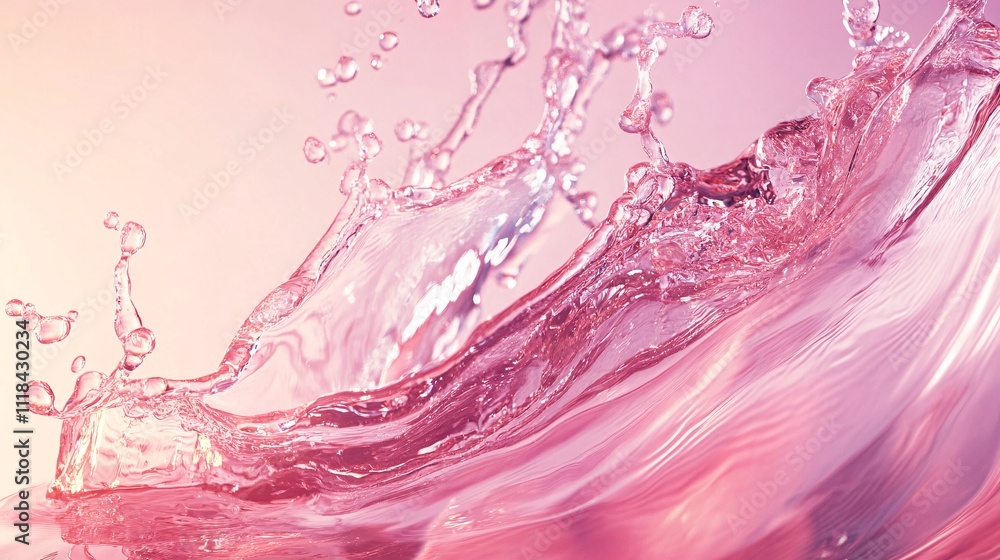 Poster pink water splashing and making bubbles on gradient background
