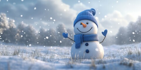 Obraz premium Smiling snowman with blue winter accessories standing in a frosty meadow under softly falling snowflakes