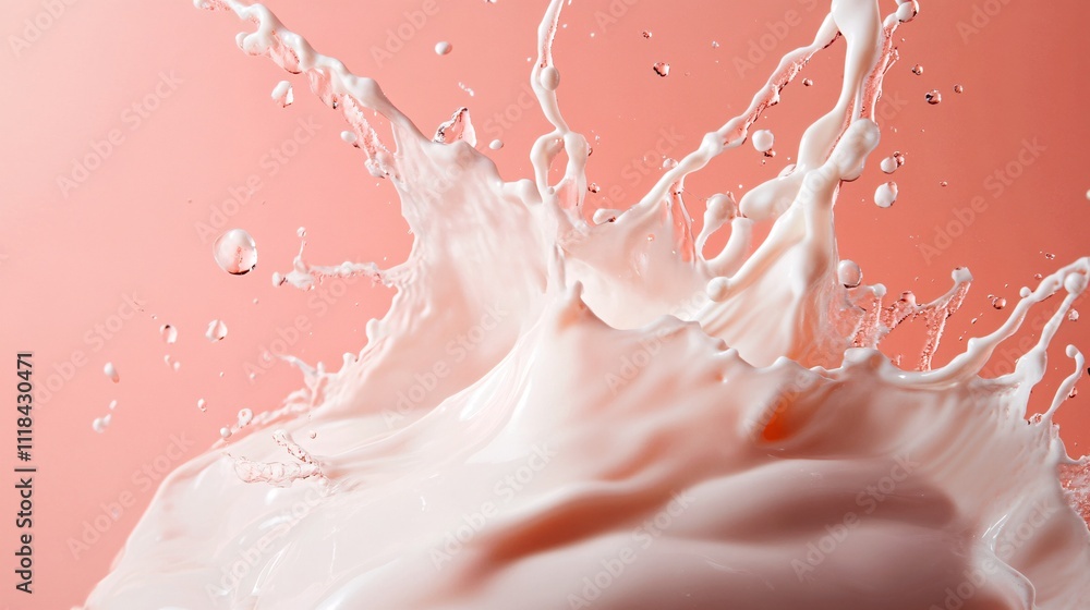 Poster milk splashing and making a crown shape on pink background