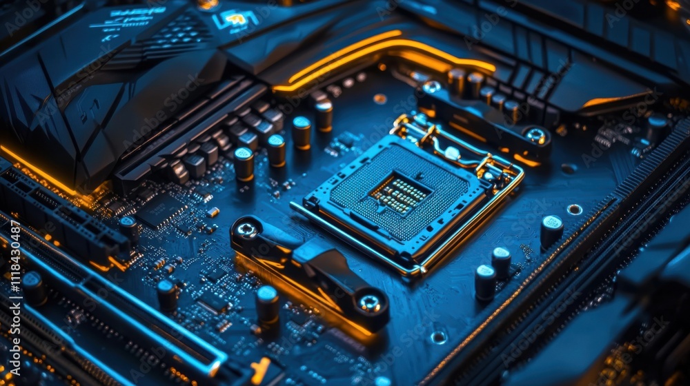 Poster a close view of a motherboard showcases its glowing circuitry and processor socket, emphasizing the 
