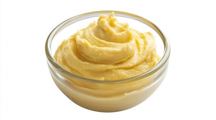 A smooth and rich yellow condiment fills a clear glass bowl, its velvety texture inviting for use in various dishes. The bright white background emphasizes its appealing color