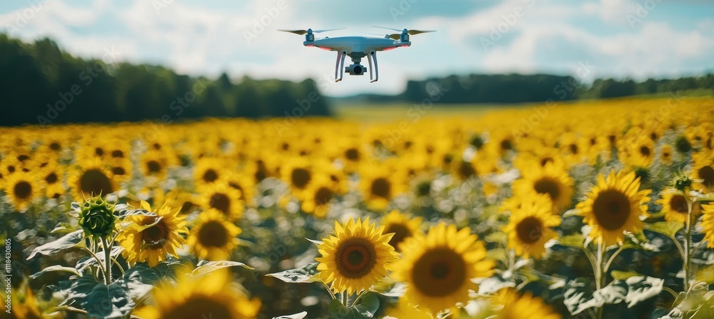 Poster sunflower field with drone technology for advanced crop monitoring and environmental analysis
