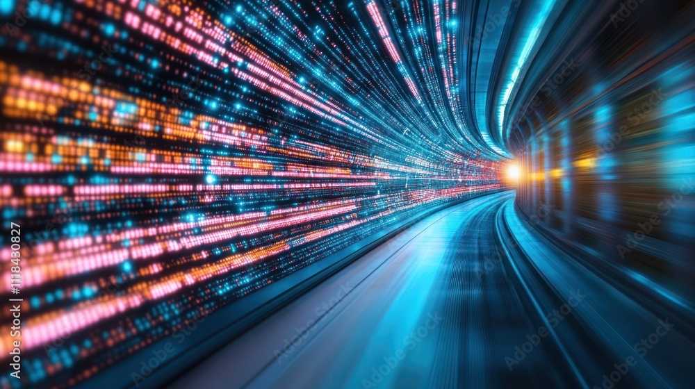 Poster abstract digital data stream flowing through a futuristic tunnel.