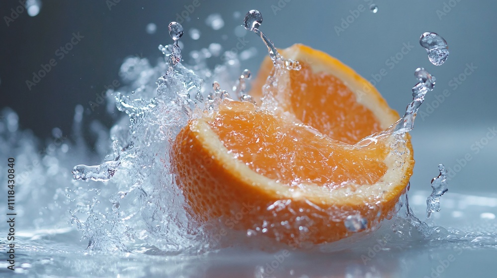 Poster orange slice splashing into refreshing water