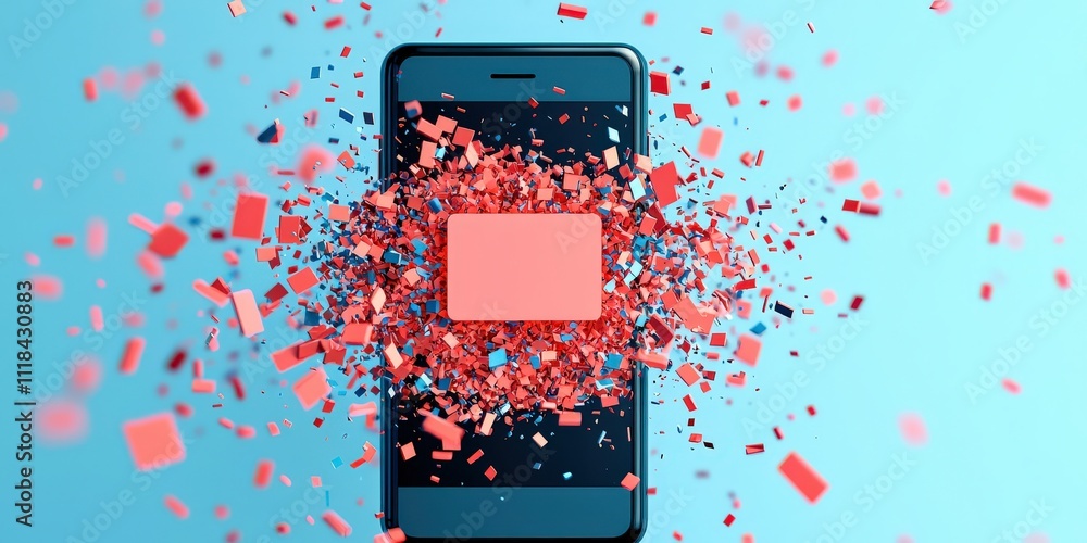 Aufkleber spam call phone prevention concept. exploding colorful particles around a smartphone on a blue backg