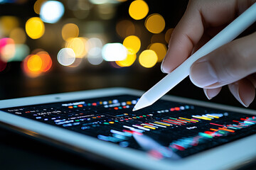 close up of hand using stylus on tablet screen displaying colorful data charts, with blurred bokeh lights in background, creating modern and dynamic atmosphere