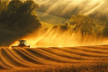 Harvesting Soybeans at Sunset with Combine Harvester in Vibrant Field Landscape